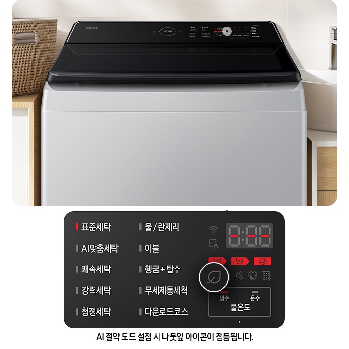 이미지 왼쪽에는 다용실에 AI 통버블 세탁기가 설치되어있습니다. 오른쪽에는 통버블 세탁기 조작부 확대한 이미지가 보여지고 이미지에 있는 나뭇잎 확대하여 나뭇잎 아이콘이 점등되며,  코스/옷감 무게에 따라 세탁시간이 10~15분 증가될 수 있습니다.라는 문구 있습니다.