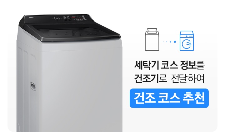 세탁기코스 정보를 건조기로 전달하여 건조 코스를 추천해주는 기능에 대해 보여주는 이미지입니다. 좌측에는 AI 통버블 세탁기 제품이 보이며, 우측에는 세탁기/건조기 아이콘 있고 아래에는 세탁기 코스 정보를 건조기로 전달하여 건조 코스 추천 문구 있습니다.