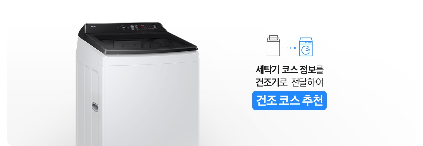 세탁기코스 정보를 건조기로 전달하여 건조 코스를 추천해주는 기능에 대해 보여주는 이미지입니다. 좌측에는 AI 통버블 세탁기 제품이 보이며, 우측에는 세탁기/건조기 아이콘 있고 아래에는 세탁기 코스 정보를 건조기로 전달하여 건조 코스 추천 문구 있습니다.