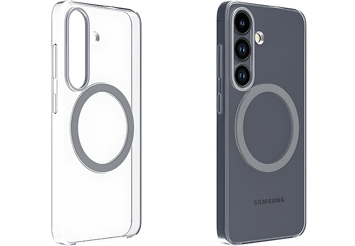 왼쪽에는 클리어 마그넷 케이스가 우측으로 45도 회전한 정면 이미지가 보이고, 오른쪽에는 클리어 마그넷 케이스를 장착한 단말이 우측으로 45도 회전한 정면 이미지가 보이고 있습니다.