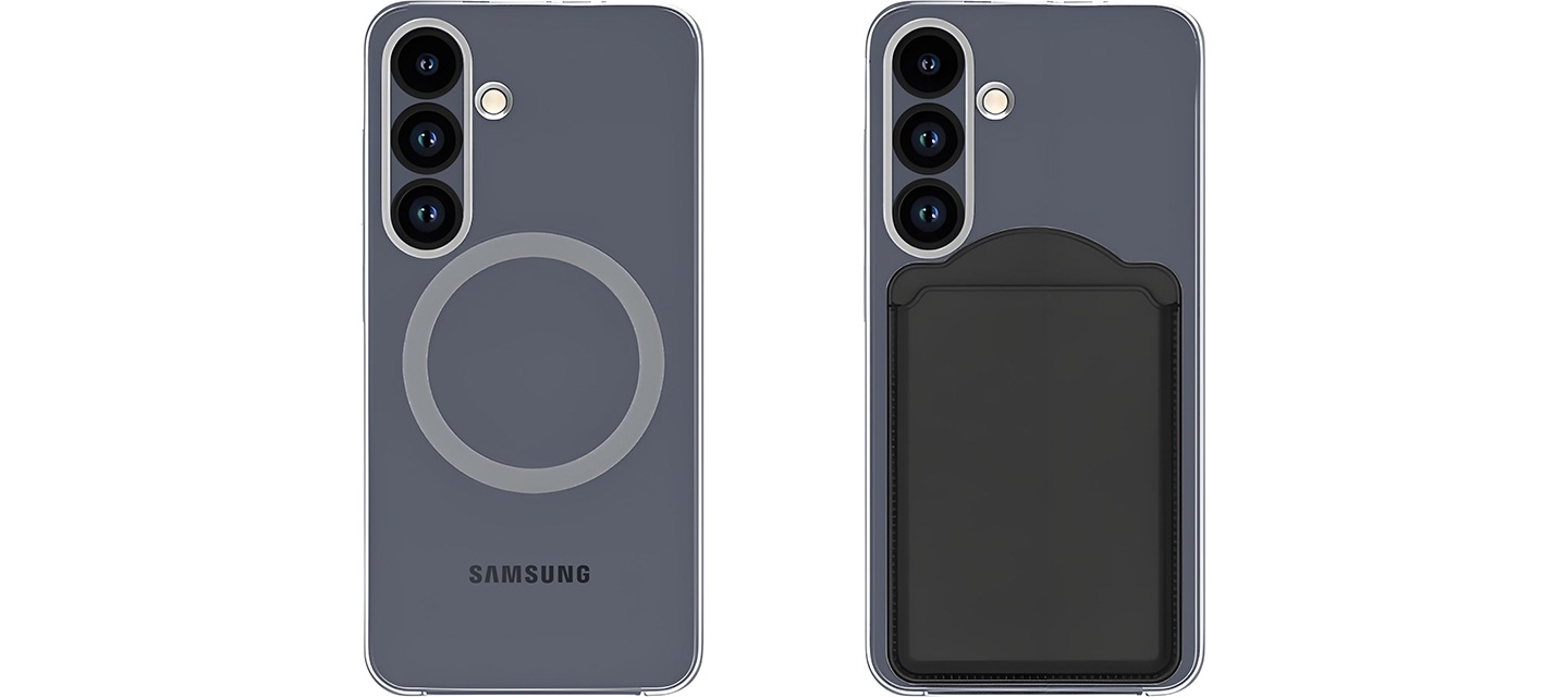 좌측에 클리어 마그넷 케이스를 장착한 단말의 정면 이미지가 보이며, 우측에 클리어 마그넷 케이스와 마그넷 액세서리를 장착한 단말기의 정면 이미지가 보이고 있습니다.