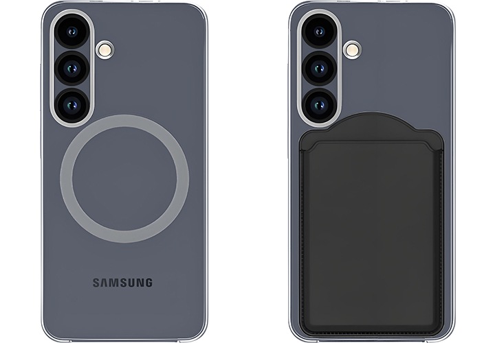 좌측에 클리어 마그넷 케이스를 장착한 단말의 정면 이미지가 보이며, 우측에 클리어 마그넷 케이스와 마그넷 액세서리를 장착한 단말기의 정면 이미지가 보이고 있습니다.