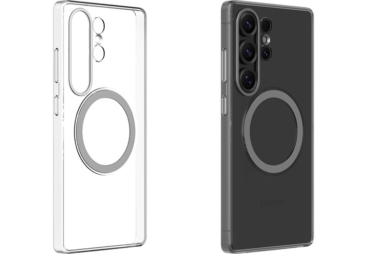 왼쪽에는 클리어 마그넷 케이스가 우측으로 45도 회전한 정면 이미지가 보이고, 오른쪽에는 클리어 마그넷 케이스를 장착한 단말이 우측으로 45도 회전한 정면 이미지가 보이고 있습니다.