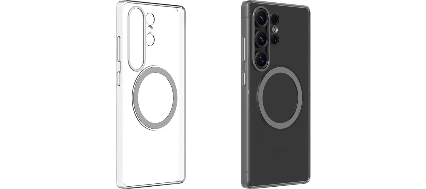 왼쪽에는 클리어 마그넷 케이스가 우측으로 45도 회전한 정면 이미지가 보이고, 오른쪽에는 클리어 마그넷 케이스를 장착한 단말이 우측으로 45도 회전한 정면 이미지가 보이고 있습니다.