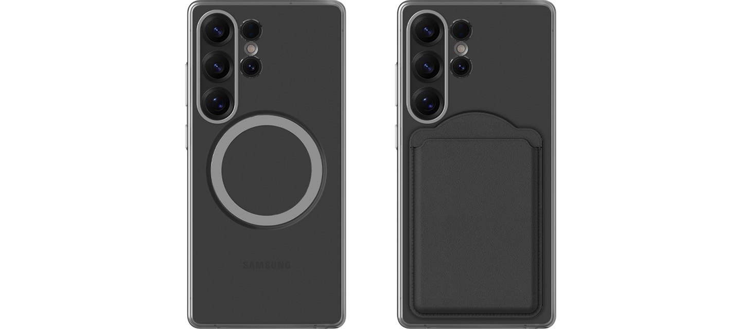 좌측에 클리어 마그넷 케이스를 장착한 단말의 정면 이미지가 보이며, 우측에 클리어 마그넷 케이스와 마그넷 액세서리를 장착한 단말기의 정면 이미지가 보이고 있습니다.