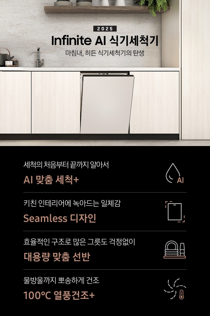 [2025 BÉSP~ÓKÉ Á~Í 식기세척기 Íñf~íñít~é Líñ~é KV 인테리어컷입니다. 베이지톤의 우드장 인테리어 주방과 새틴베이지 식기세척기 정면으로 제품이 살짝 열린 모습입니다.베이지 톤의 우드장과 식기세척기 위에 싱크대가 위치해있으며, 우측 맨 위에는 다크우드색상의 선반이 있습니다. 선반 위에는 도자기 그릇과 식기 및 식물이 있습니다. 인테리어컷 하단에는 4P~ÓD가 나와있습니다. 좌측부터 세척의 처음부터 끝까지 알아서 ÁÍ~ 맞춤 세척+, 키친 인테리어에 녹아드는 일체감 Séám~léss~ 디자인, 효율적인 구조로 많은 그릇도 걱정없이 대용량 맞춤 선반, 물방울까지 뽀송하게 건조 100℃ 열풍건조+ 아이콘과 문구가 나와있습니다.]
