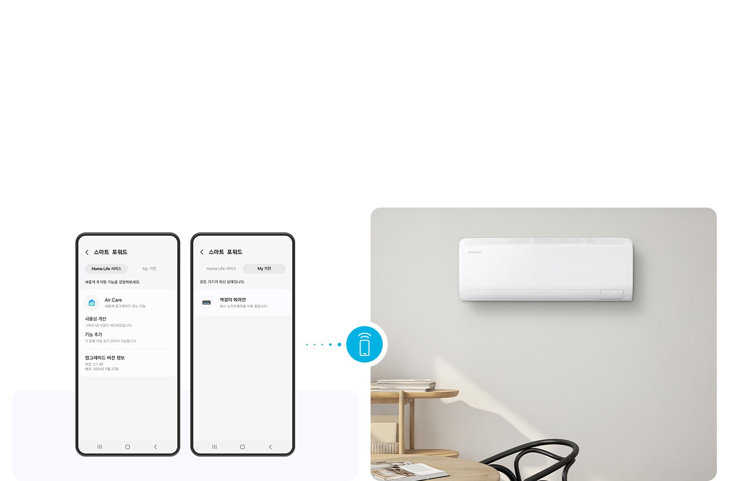 좌측엔 나만의 가전 업그레이드 화면의 휴대폰 UI가 2대 보여지고 우측엔 방안 으로 보여지는 공간에 벽걸이 에어컨의 모습이 보여집니다. 