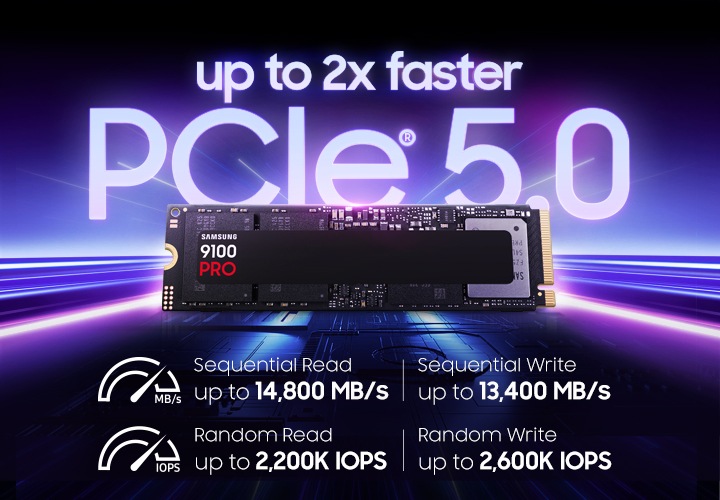 내장 SSD 9100 프로 뒤쪽으로 보라색 광선이 나오고 있고 up to 2x faster PCIe® 5.0라는 텍스트가 보이고 있습니다.