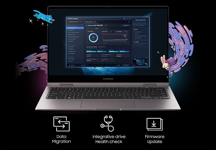 노트북 왼쪽 상단에는 파란색 고양이 캐릭터가 있으며, 오른쪽 하단에는 모자안에 토끼가 들어가 있는 모습의 캐릭터가 있습니다. 화면에는 Samsung Magician 소프트웨어가 보입니다. 노트북 하단에는 Data Migration, Integrative drive Health check, Firmware Update 문구와 아이콘이 있습니다.