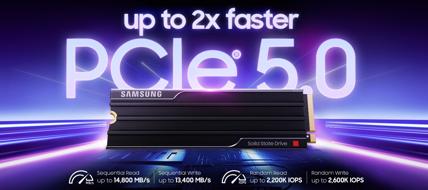 SSD 9100 PRO with Heatsink 제품 뒤쪽으로 보라색 광선이 나오고 있고 up to 2x faster PCIe® 5.0라는 텍스트가 보이고 있습니다.