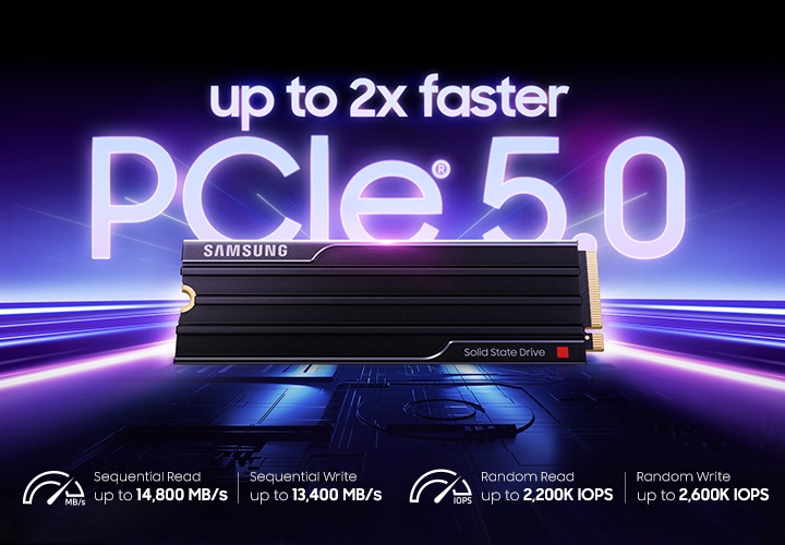 SSD 9100 PRO with Heatsink 제품 뒤쪽으로 보라색 광선이 나오고 있고 up to 2x faster PCIe® 5.0라는 텍스트가 보이고 있습니다.