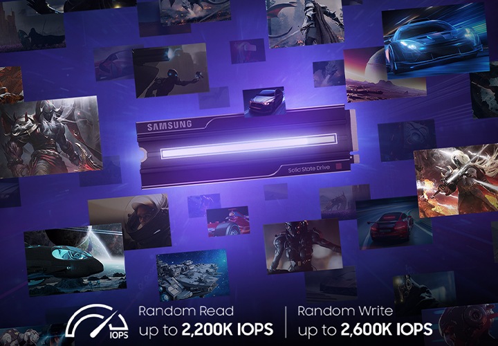 SSD 9100 PRO with Heatsink 제품의 가운데에서 길게 빛이 나오고 있고 제품 주변으로 다양한 종류의 사진이 보이고 있으며, 이미지 하단에는 최대 2,200K/2,600 IOPS의 임의/쓰기 속도를 보여주는 텍스트가 보이고 있습니다.