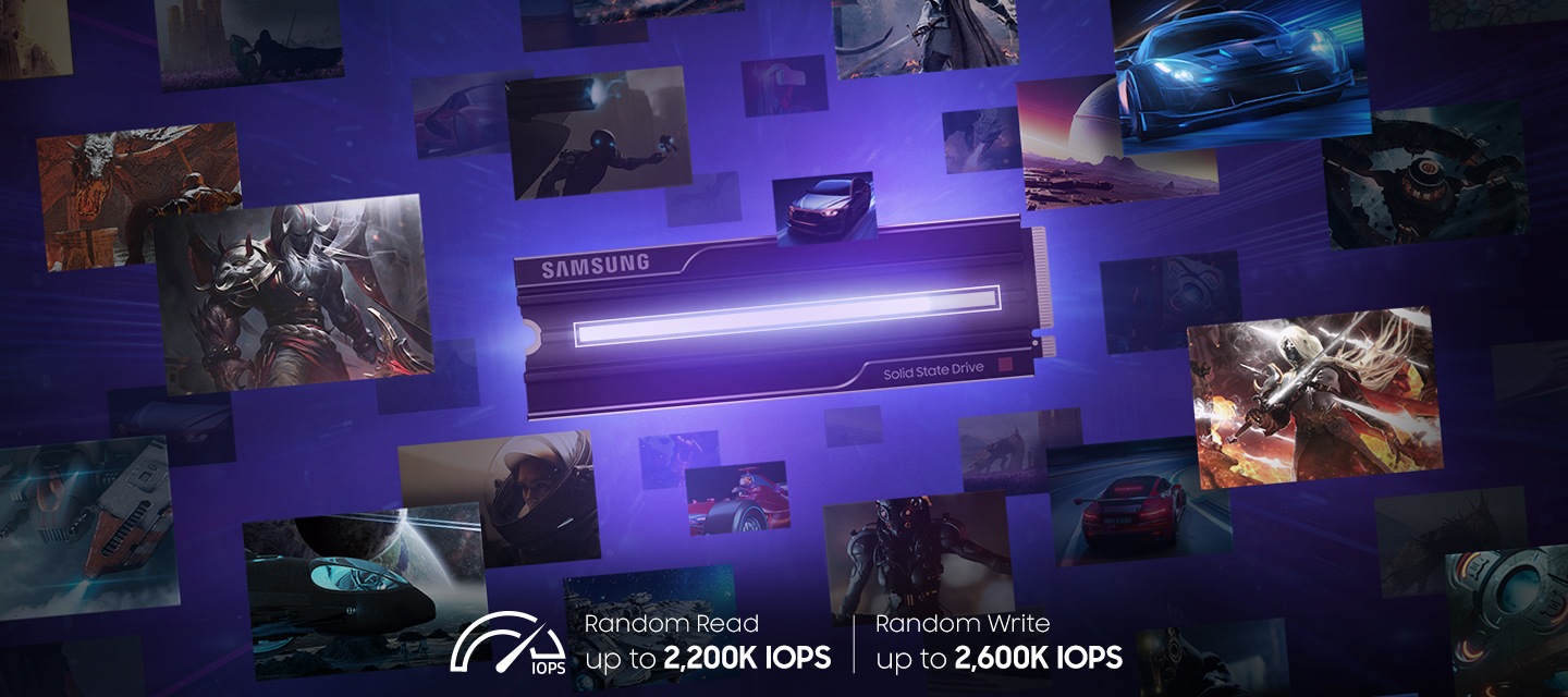 SSD 9100 PRO with Heatsink 제품의 가운데에서 길게 빛이 나오고 있고 제품 주변으로 다양한 종류의 사진이 보이고 있으며, 이미지 하단에는 최대 2,200K/2,600 IOPS의 임의/쓰기 속도를 보여주는 텍스트가 보이고 있습니다.