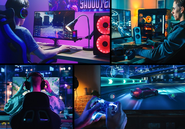 네 개로 분할된 이미지에서 네 사람이 각각 게임을 플레이하고 있는 모습이 보여지고 있습니다.