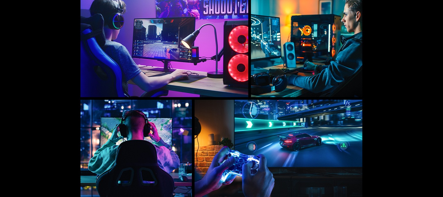 네 개로 분할된 이미지에서 네 사람이 각각 게임을 플레이하고 있는 모습이 보여지고 있습니다.