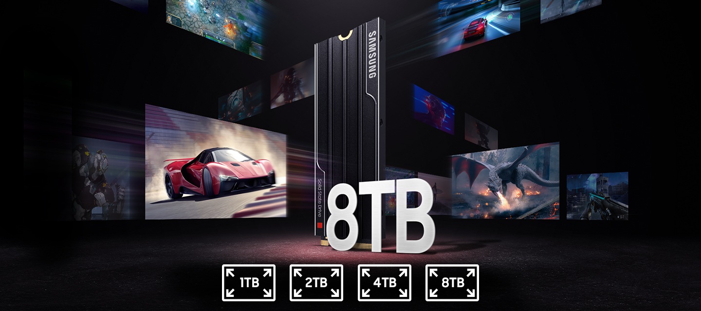 하단에 8TB 좌측으로 30도 기울어진 텍스트가 세워져 있고 텍스트 뒤에 SSD 9100 PRO with Heatsink 제품이 서 있으며, 제품 주위로 다양한 사진이 지나다니는 모습이 보이고 있습니다.