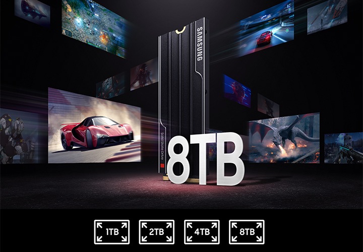 하단에 8TB 좌측으로 30도 기울어진 텍스트가 세워져 있고 텍스트 뒤에 SSD 9100 PRO with Heatsink 제품이 서 있으며, 제품 주위로 다양한 사진이 지나다니는 모습이 보이고 있습니다.