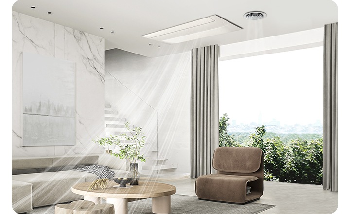 거실로 보여지는 공간에 천장에 시스템에어컨과 에어 콤보가 함께 설치되어 작성하는 모습이 보여지고 에어컨에서는 바람이 나오는듯한 형상과 에콤보는 사람이 들어가는 듯한 형상을 하고있습니다.