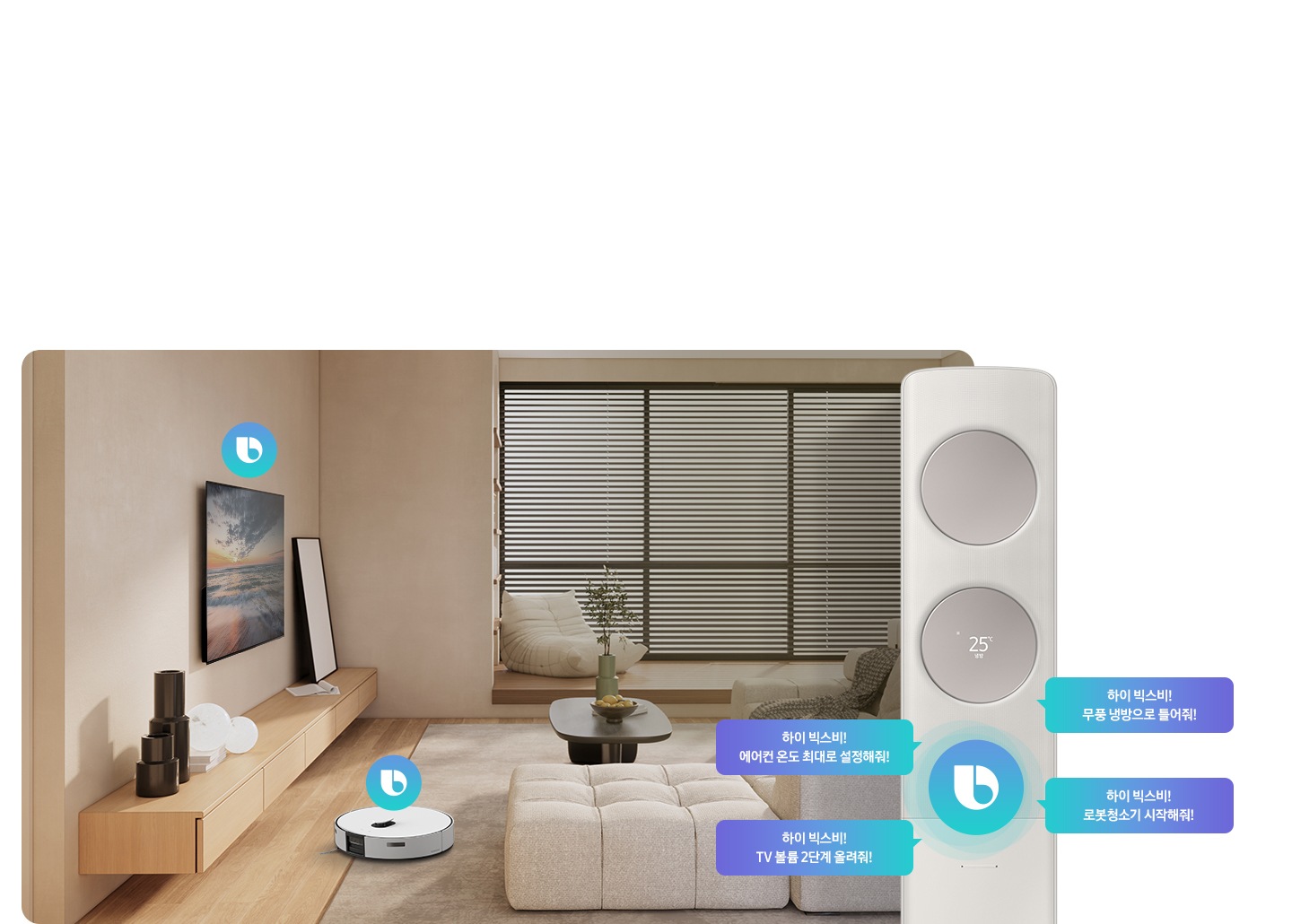 거실로 보여지는 공간에 좌측 벽면에 빅스비가 지원되는 벽걸이 TV가 보여지고 하단엔 빅스비가 연결되는 롯보 청소기가 보여지고 우측엔 무풍콤보 갤러리 에어컨 상단부다 확대되어 보여지며 에어컨 에서 하이 빅스비! 비오는 날씨에 맞는 운전 해줘, 하이 빅스비! TV볼륨 2단꼐 올려줘, 하이 빅스비! 내일 아침 7시에 무풍 냉방으로 틀어줘!, 하이 빅스비! 오후 4시 로봇청소기 시작해줘! 말풍선이 보여지며, 빅스비 음성인식으로 집안의 가전을 작동시키는 듯한 모습이 보여집니다.