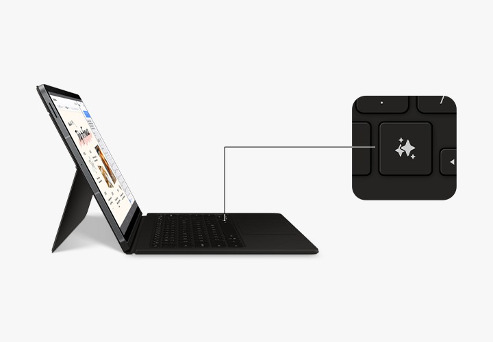 키보드 북커버를 장착한 갤럭시 탭 S10 S10 FE+ 기기 화면이 오른쪽을 향하도록 기울어져 있습니다. 화면에 노트 어시스트 앱이 표시되고, 화면이 분할되어 빅스비와의 대화가 표시됩니다. 키보드의 Galaxy AI 키가 클로즈업되어 키보드에서의 위치가 강조됩니다.