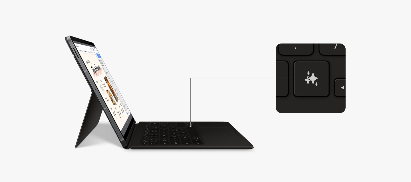 키보드 북커버를 장착한 갤럭시 탭 S10 S10 FE+ 기기 화면이 오른쪽을 향하도록 기울어져 있습니다. 화면에 노트 어시스트 앱이 표시되고, 화면이 분할되어 빅스비와의 대화가 표시됩니다. 키보드의 Galaxy AI 키가 클로즈업되어 키보드에서의 위치가 강조됩니다.