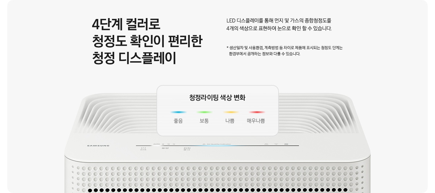 블루스카이의 확인이 편리한 4단계 청정 디스플레이 기능 각각의 색상에 맞추어 보여지고 있습니다. 파란색 청정, 초록색, 노란색, 빨간색 오염도 높음