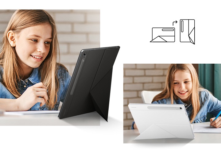 스마트 북커버를 장착한 갤럭시 탭 S10 FE+를 세로 모드로 사용하는 어린 소녀의 모습입니다. 그 옆에는 가로 모드로 기기를 사용하는 모습입니다.
