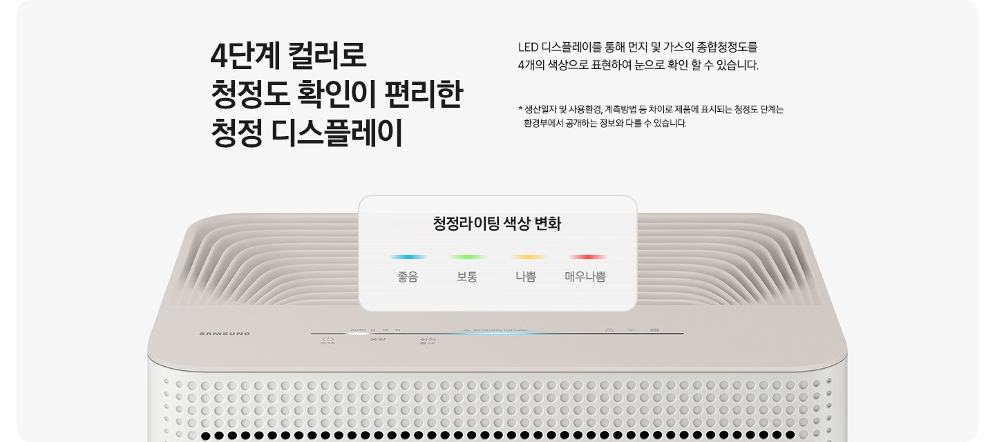 블루스카이의 확인이 편리한 4단계 청정 디스플레이 기능 각각의 색상에 맞추어 보여지고 있습니다. 파란색 청정, 초록색, 노란색, 빨간색 오염도 높음