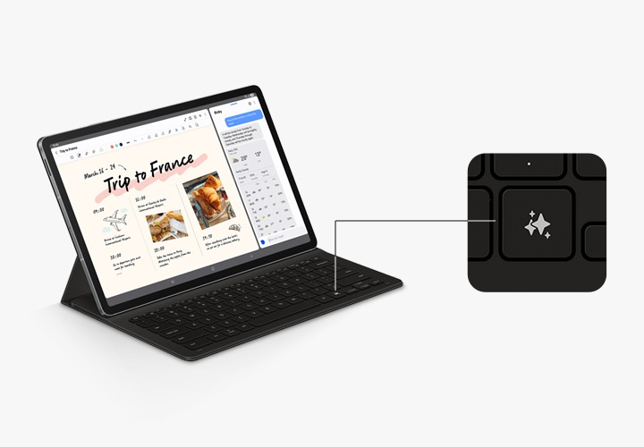 슬림 키보드 북커버를 장착한 갤럭시 탭 S10 S10 FE+가 오른쪽으로 약간 기울어져 있습니다. 분할된 화면에는 노트 어시스트 앱과 빅스비와의 대화가 표시되어 있습니다. Galaxy AI 키가 클로즈업되어 키보드에서의 위치를 강조합니다.