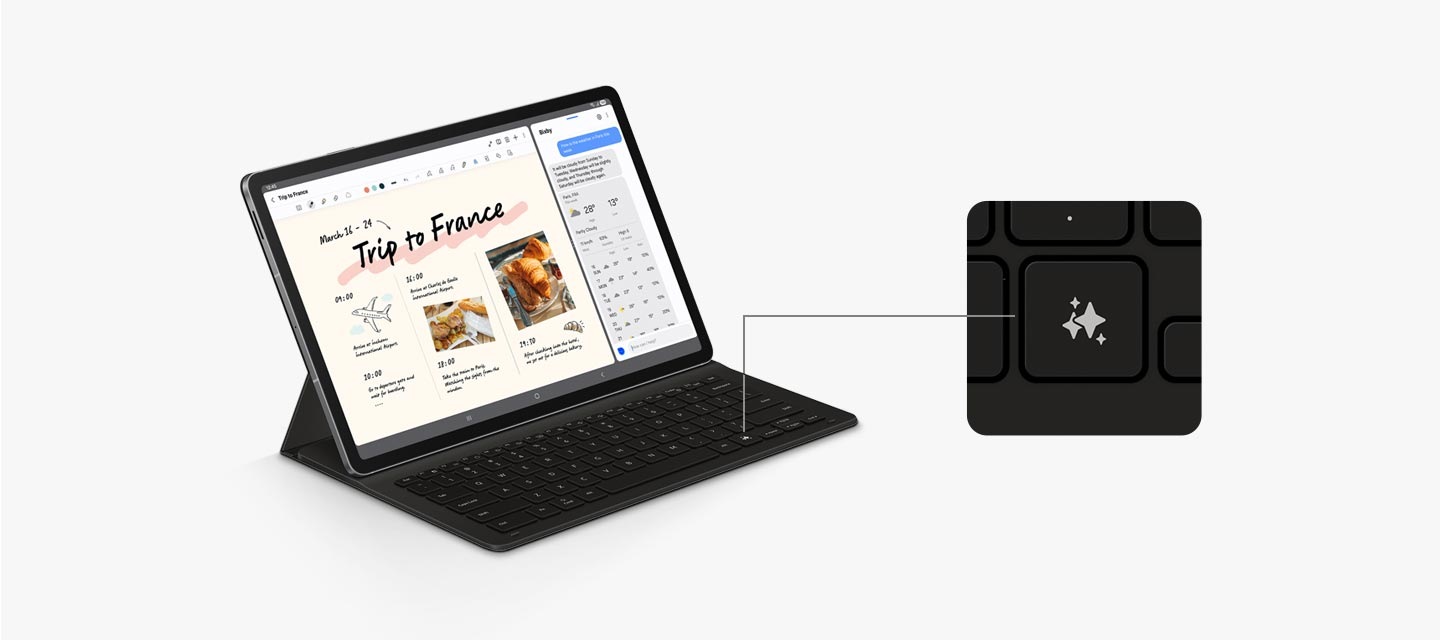 슬림 키보드 북커버를 장착한 갤럭시 탭 S10 S10 FE+가 오른쪽으로 약간 기울어져 있습니다. 분할된 화면에는 노트 어시스트 앱과 빅스비와의 대화가 표시되어 있습니다. Galaxy AI 키가 클로즈업되어 키보드에서의 위치를 강조합니다.