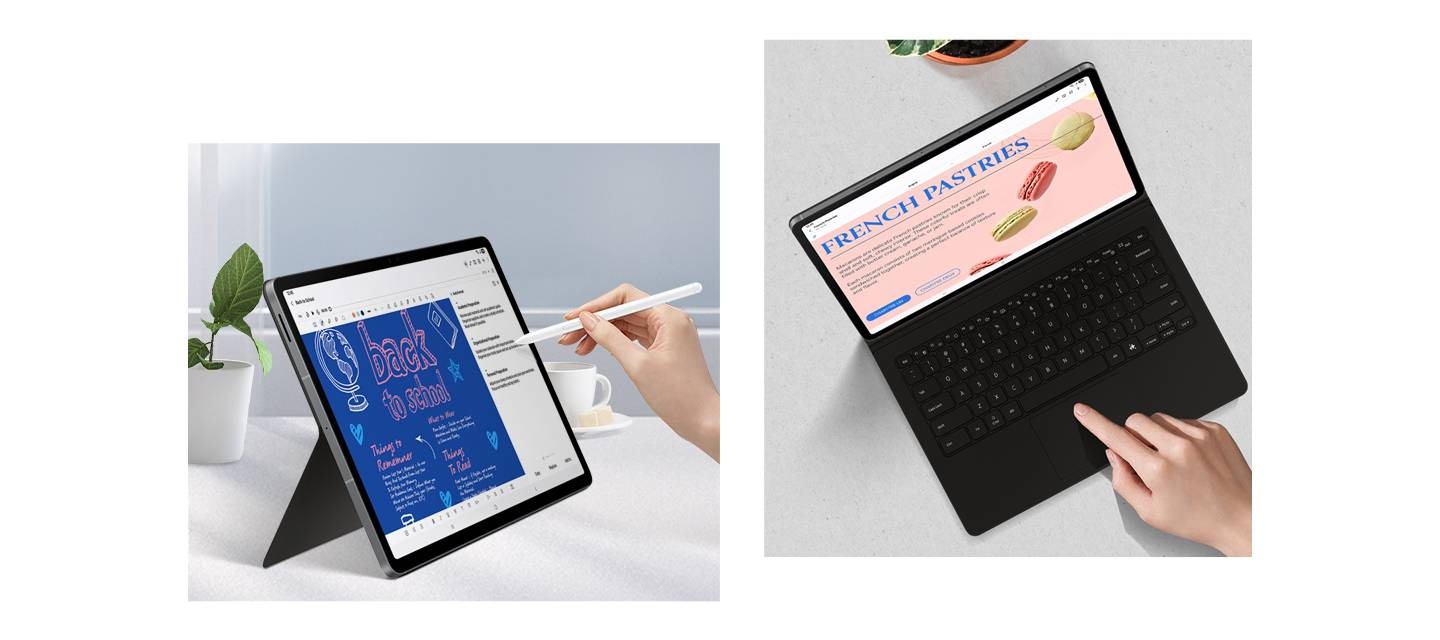 한 사람이 S Pen을 쥐고 키보드 북커버로 세워진 갤럭시 탭 S10 FE+를 사용하고 있습니다. 화면에는 노트 어시스트 앱이 표시됩니다. 오른쪽에는 갤럭시 탭 S10 FE+에서 키보드 북커버의 트랙패드를 사용해 노트 어시스트 앱을 사용하는 모습이 탑뷰로 표시됩니다.