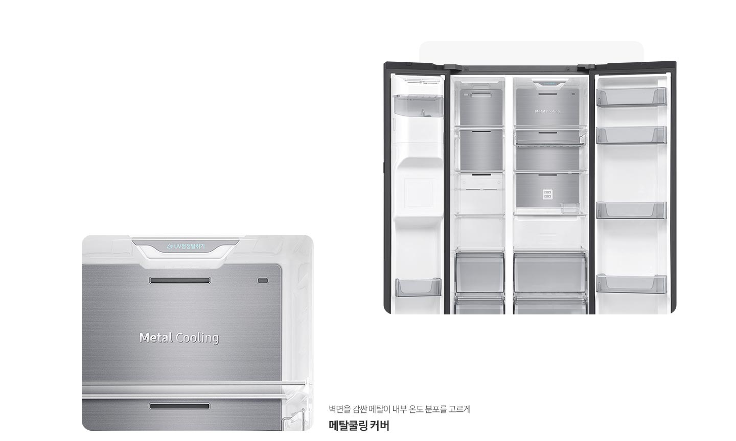 냉장고 도어 오픈된 내상컷과 메탈쿨링 커버가 확대되어 있는 이미지 입니다. 벽면을 감싼 메탈이 내부 온도 분포를 고르게 메탈쿨링 커버.