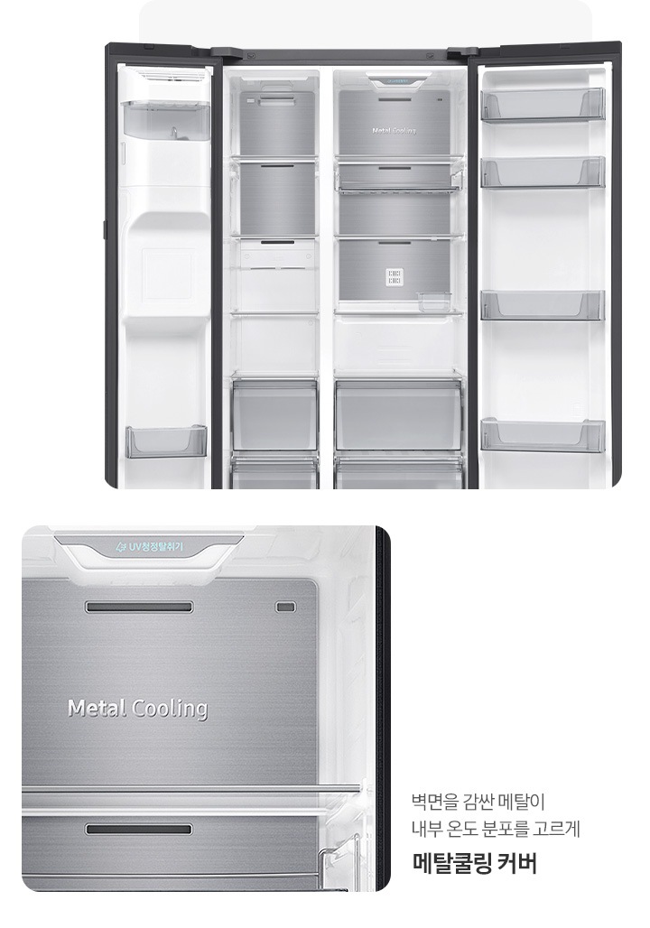 냉장고 도어 오픈된 내상컷과 메탈쿨링 커버가 확대되어 있는 이미지 입니다. 벽면을 감싼 메탈이 내부 온도 분포를 고르게 메탈쿨링 커버.