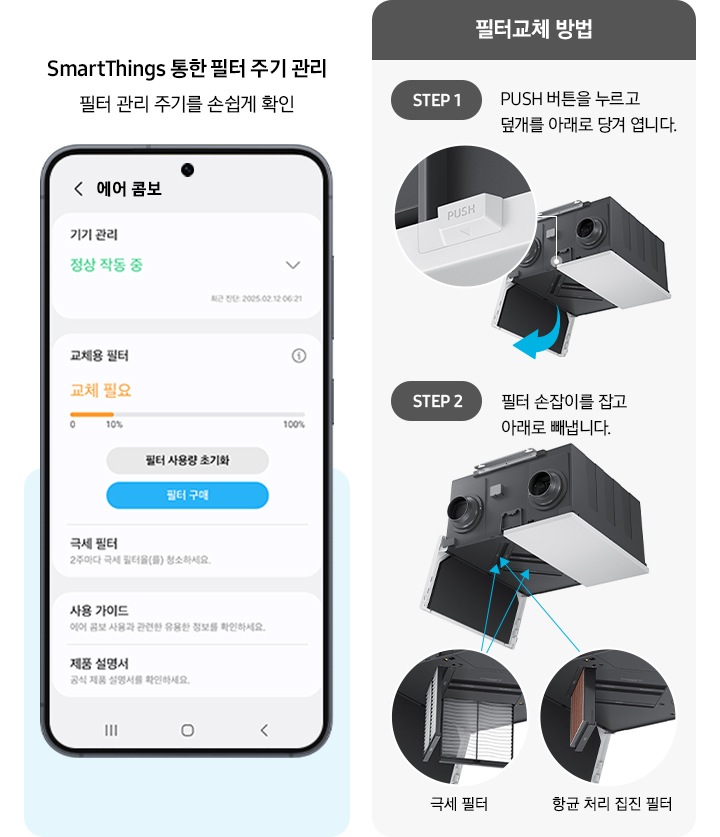 좌측엔 스마트싱스를 통한 필터주기관리 필터 관리 주기를 손쉽게 확인무구와 함께 아래 에어콤보의 스마트싱스의 ui 이 화면이 보여집니다. 우측엔 필터교체 방법과 함께 1. pusf 버튼을 누르고 덮개를 아래로 당겨 엽니다. 2. 필터 손잡이를 잡고 아래로 빼냅니다. 가보여집니다.