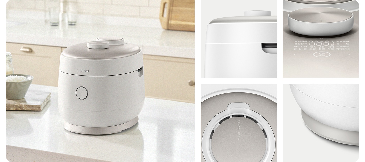 쿠첸 IOT 밥솥의 정면 이미지와 네 컷의 상세 이미지로 제품의 디자인을 상세히 보여주고 있습니다.