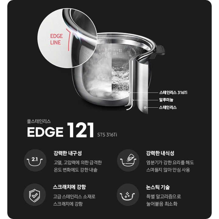 내솥의 구성 단면과 내솥의 EDGE 라인을 상세히 보여주는 이미지가 보이며 “강력한 내구성, 스크레치에 강함, 강력한 내식성, 논스틱 기술“의 풀스테인리스 내솥의 장점이 보이고 있습니다.