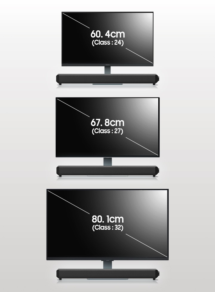 왼쪽부터 24인치 모니터, 27인치 모니터, 32인치 모니터의 사이즈를 비교하여 보여줍니다