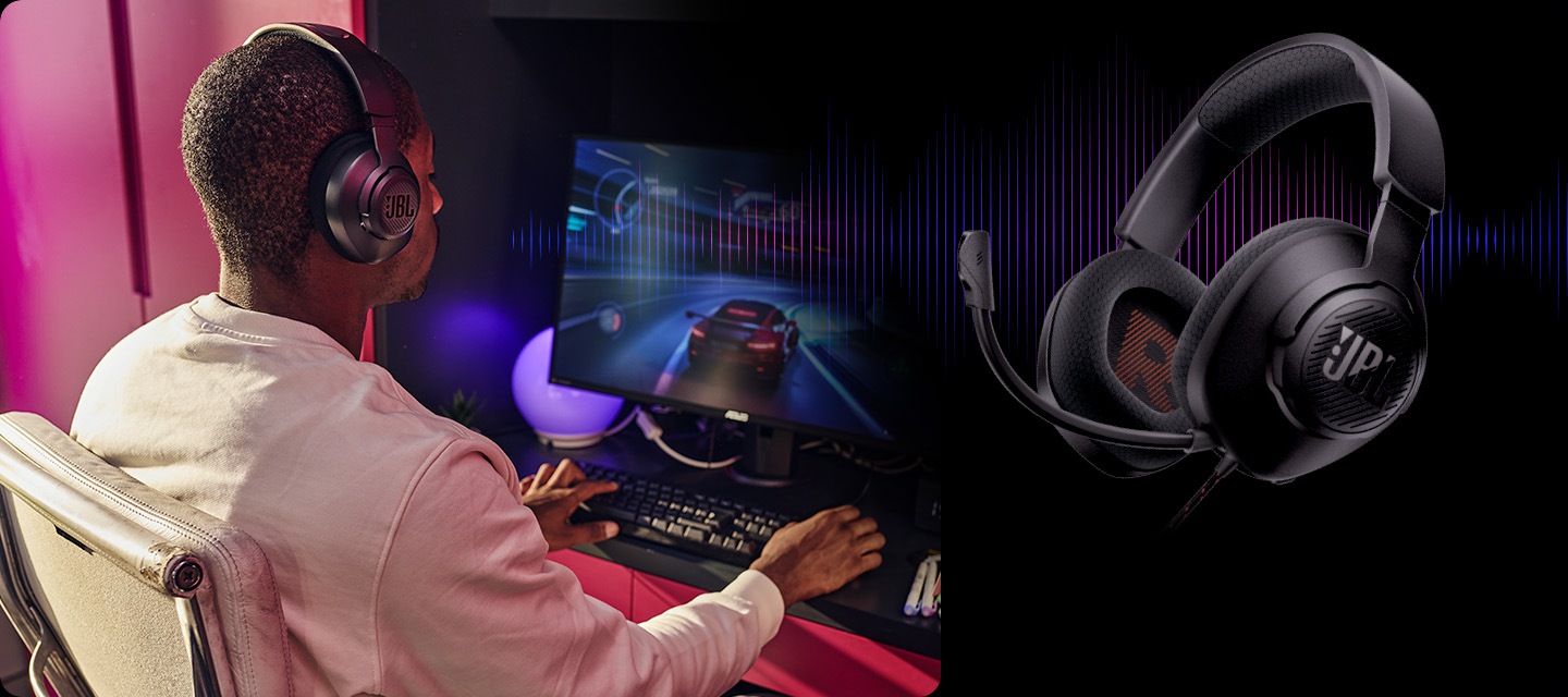 왼쪽에는 남성이 헤드셋을 착용한 상태로 컴퓨터 게임을 즐기고 있습니다. 오른쪽에는 음향효과 위에 헤드폰 우측 45도 측면 컷이 보입니다.