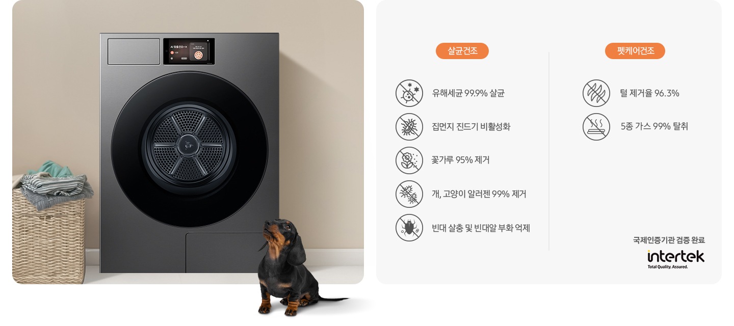 건조기가 중앙에 설치되어 있고 좌측에 라탄 바구니 안에 빨랫감이 들어있습니다. 건조기 앞에는 닥스훈트 강아지가 있는 연출된 이미지 입니다. 살균 코스-유해세균 99.9% 살균 문구와 아이콘, 집먼지 진드기 비활성화 문구와 아이콘, 꽃가루 95% 제거 문구와 아이콘, 개, 고양이 알러젠 99% 제거 문구와 아이콘, 빈대 살충 및 빈대알 부화 억제 문구와 아이콘이 나와있습니다. 펫케어 코스-털 제거율 96.3% 문구와 아이콘, 5종 가스 99% 탈취 문구와 아이콘이 나와있습니다. 우측 하단에는 국제인증기관 검증 완료 문구와 intertek 로고가 나와있습니다.