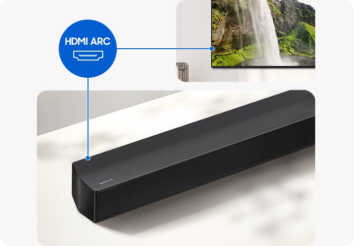 TV와 사운드바가 연결되어 있습니다. 그 사이에는 HDMI ARC 아이콘이 보입니다.