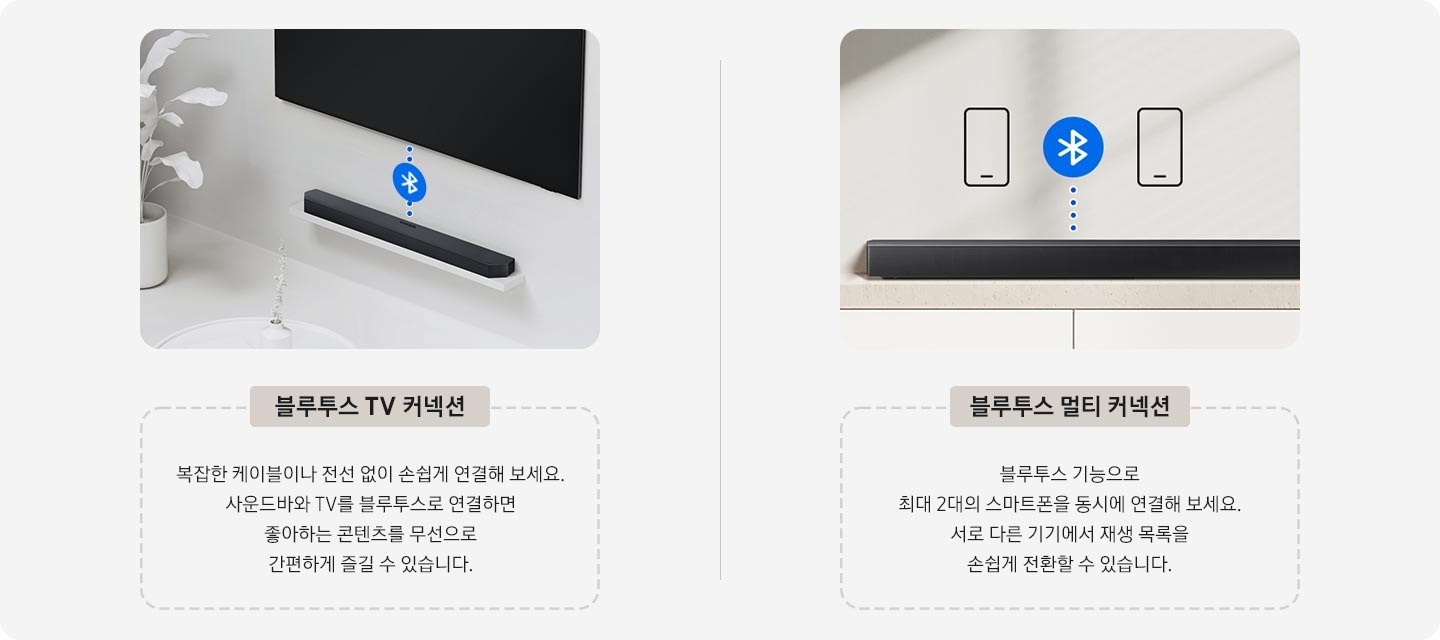 좌측에는 블루투스 TV 커넥션을 이미지와 ‘복잡한 케이블이나 전선 없이 손쉽게 연결해 보세요. 사운드바와 TV를 블루투스로 연결하면 좋아하는 콘텐츠를 무선으로 간편하게 즐길 수 있습니다.’ 문구가 기재되어 있습니다. 우측에는 블루투스 멀티 커넥션을 이미지와 ‘블루투스 기능으로 최대 2대의 스마트폰을 동시에 연결해 보세요. 서로 다른 기기에서 재생 목록을 손쉽게 전환할 수 있습니다.’ 문구가 기재되어 있습니다.