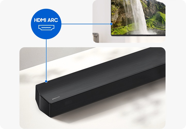 TV와 사운드바가 연결되어 있습니다. 그 사이에는 HDMI ARC 아이콘이 보입니다.