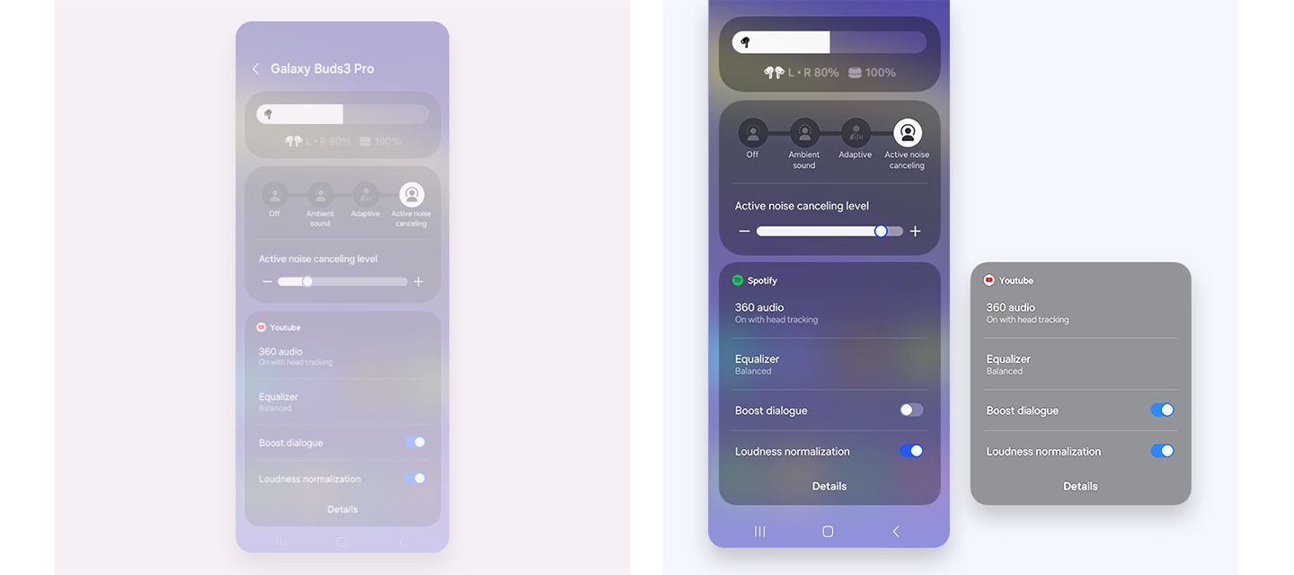 [갤럭시 스마트폰 화면을 아래로 쓸어내리면 퀵 패널이 열립니다. 볼륨 슬라이더를 길게 누르면 버즈 배터리 잔량과 액티브 노이즈 캔슬링 상태를 알려주는 위젯이 표시됩니다. 또 다른 화면에서는 버튼이 왼쪽에서 오른쪽으로 움직이는 액티브 노이즈 캔슬링 위젯이 확대됩니다. 그 아래에는 ÝóúT~úbé 사운드 설정 위젯이 나타나고 360 오디오, 이퀄라이저, 대화 선명하게 듣기, 음량 평준화에 대한 설정이 표시됩니다. 다음으로 다른 사운드 설정이 반영된 S~pótí~fý 사운드 설정 위젯으로 바뀝니다. 360 오디오, 이퀄라이저, 대화 선명하게 듣기는 꺼져 있고 음량 평준화만 켜져 있는 설정입니다. 마지막으로 전체가 축소되면서 이전에 나타났던 모든 설정이 함께 표시됩니다.]