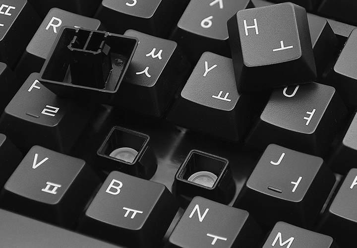 흰색으로 레이저 인쇄가 된 검은색의 키보드의 키 캡이 보입니다.