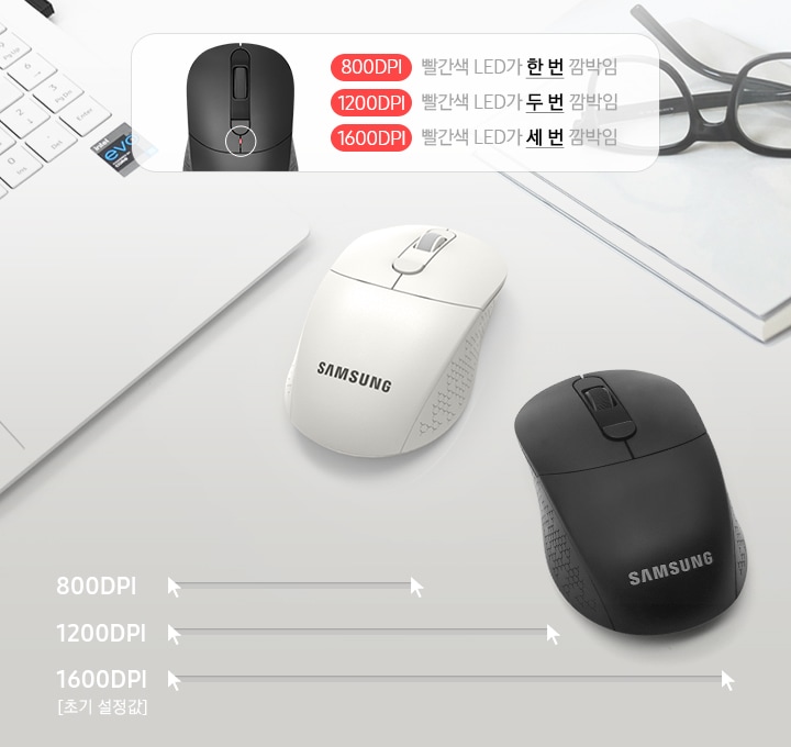 흰색 무선 마우스와 검은색 무선 마우스가 보입니다. 그 위로 마우스의 휠 바래 아래 램프를 표시한 마우스 이미지와 함께 800DPI 빨간색 LED가 한 번 깜빡임 1200DPI 빨간색 LED가 두 번 깜빡임 1600DPI 빨간색 LED가 세 번 깜빡임 이라는 문구가 보입니다.