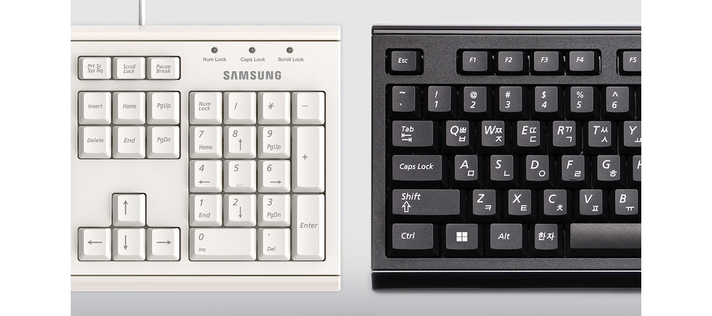 흰색의 키보드와 검은색의 키보드가 나란히 놓여있습니다.