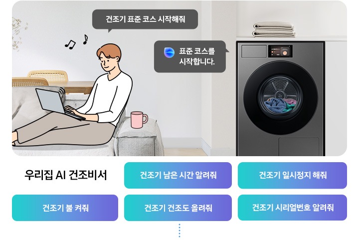 쇼파에 앉아 노트북을 하고 있는 남성이 '건조기 오후 7시까지 해줘' 라고 말하는 일러스트가 나와있습니다. 우측에 Bespoke AI 건조기 빅스비 음성인식이 작동하여 '오후 7시로 건조기 종료 예약을 설정했어요' 라는 문구가 나오고 있습니다. 빅스비 음성인식으로 가능한 문구가 나와있습니다. 우리집 AI 건조비서-건조기 남은 시간 알려줘, 건조기 일시정지 해줘, 건조기 불 켜줘, 건조기 탈수 올려줘, 건조기 시리얼번호 알려줘.