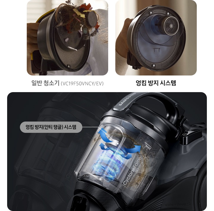 이미지 오른쪽 부분에는 먼지통이 확대된 이미지가 보이고 있고 엉킴 방지(안티 탱글) 시스템을 선으로 텍스트와 연결하여 보이고 있습니다. 이미지 오른쪽 상단 부분에는 일반 청소기에 먼지가 엉켜 있는 이미지와 일반 청소기 텍스트, 엉킨 먼지가 없는 이미지와 엉킴 방지 시스템 텍스트가 왼쪽에서 오른쪽으로 나열되어 있습니다.