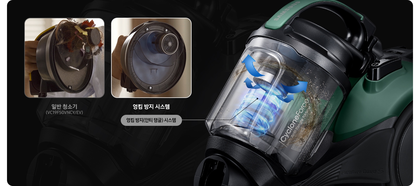 이미지 오른쪽 부분에는 먼지통이 확대된 이미지가 보이고 있고 엉킴 방지(안티 탱글) 시스템을 선으로 텍스트와 연결하여 보이고 있습니다. 이미지 오른쪽 상단 부분에는 일반 청소기에 먼지가 엉켜 있는 이미지와 일반 청소기 텍스트, 엉킨 먼지가 없는 이미지와 엉킴 방지 시스템 텍스트가 왼쪽에서 오른쪽으로 나열되어 있습니다.