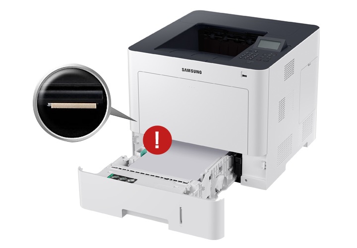 하단 용지 옵션 부분이 열린 프린터가 좌측으로 30도 돌아간 이미지 위에 빨간 원형 안에 느낌표가 들어간 표시가 보이고 있습니다. 프린터의 롤러 구조를 상세히 보여주고 있습니다.